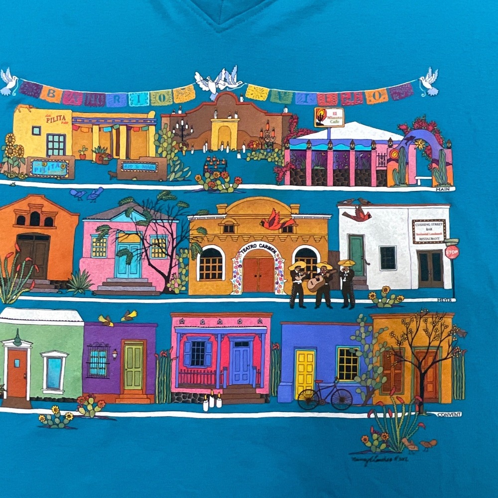 LAT Barrio Viejo Tucson Graphic T-Shirt Womens L Blue 3/4 Sleeve Cotton Mariachi